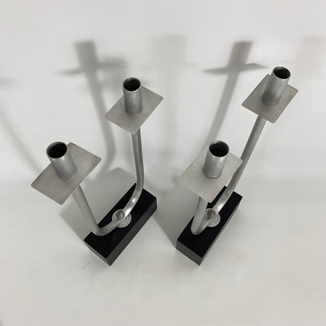 Vintage Modernist Steel Candelabra Holder Pair on an Ebonized Wood Bases For Sale - Image 12 of 13