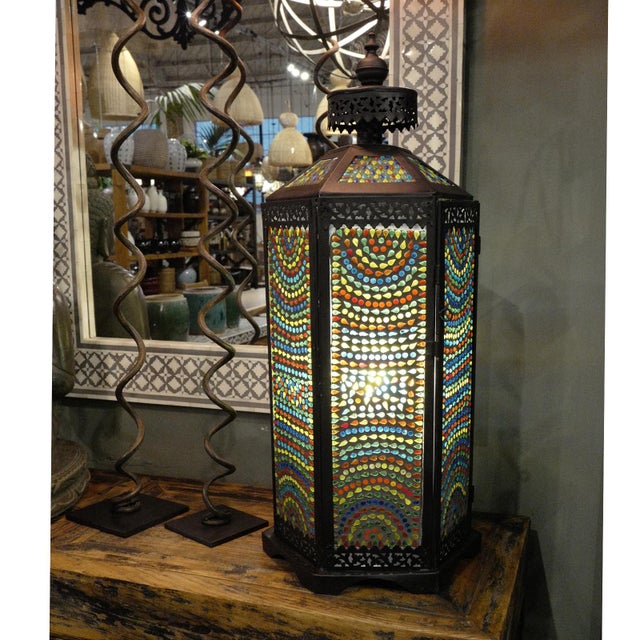 Vintage Rainbow Mosaic Indian Iron Table Lamp For Sale - Image 4 of 4