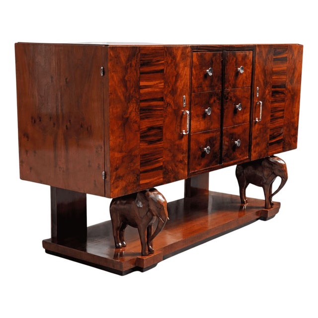 Art Deco Sicilian Wooden Sideboard with Hand-Carved Elephants For Sale