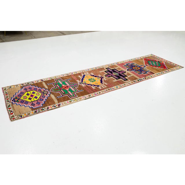 Mid-20th Century Brown Vintage Turkish Wool Runner Rug With Geometric Pattern For Sale - Image 4 of 9