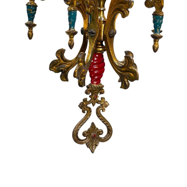 1910s Cast Brass Semi Flush Ceiling Light With Red and Blue Embellishments Circa 1915 For Sale - Image 9 of 16