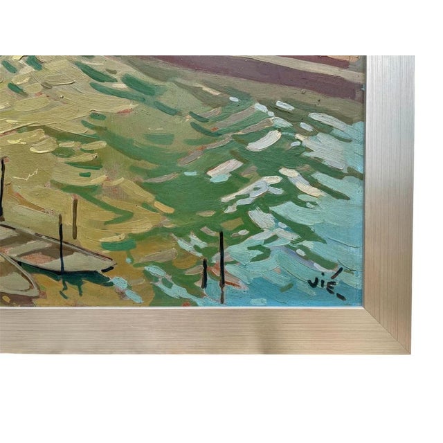 Gabriel Vié, Barges on the Seine, Oil on Panel, Framed For Sale - Image 5 of 12