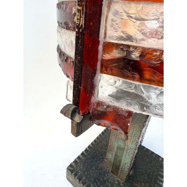 Large Mid-Century Modern lamp hammered glass and wrought iron, by the manufacture Longobard in Verona in a Brutalist...