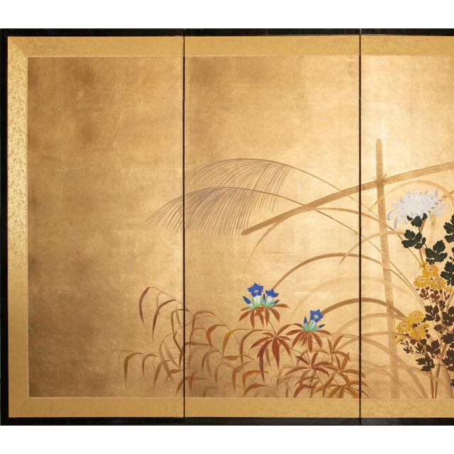 Stunning and elegant 4-panel Japanese Byobu (folding screen), depicting a Tit, Chrysanthemums and other flowers. Signed...