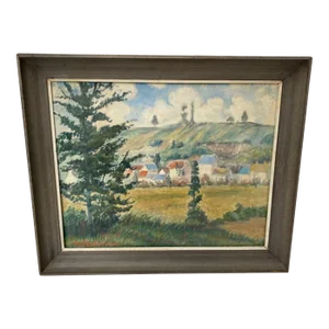 Mid 20th Century French Impressionist Original Oil Painting Village Landscape Scene Signed