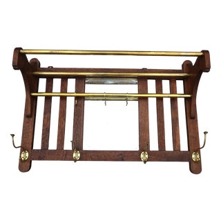 Art Deco Wall Coat Rack in Belgian Oak and Brass, 1920s For Sale