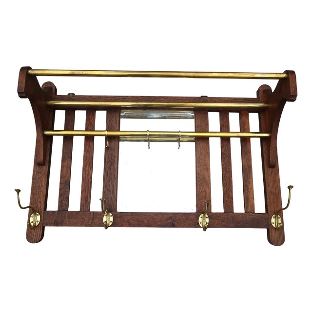 Art Deco Wall Coat Rack in Belgian Oak and Brass, 1920s For Sale