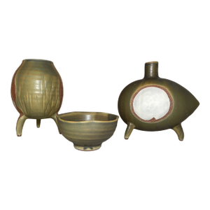 Antique Signed Japanese 3 Piece Studio Art Green Pottery Footed Vase Bowl Set