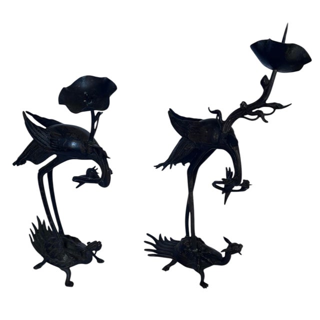 Meiji Early 20th Century Japanese Shokudai Bronze Candlestick Antique Metal Crane Bird Tortoise Animal Lotus For Sale In Los Angeles - Image 6 of 8