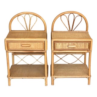 Pair of Split Reed Bamboo Rattan Nightstands with Drawer and Low Tier, 1970s For Sale