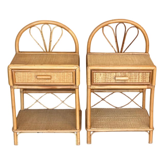 Pair of Split Reed Bamboo Rattan Nightstands with Drawer and Low Tier, 1970s For Sale