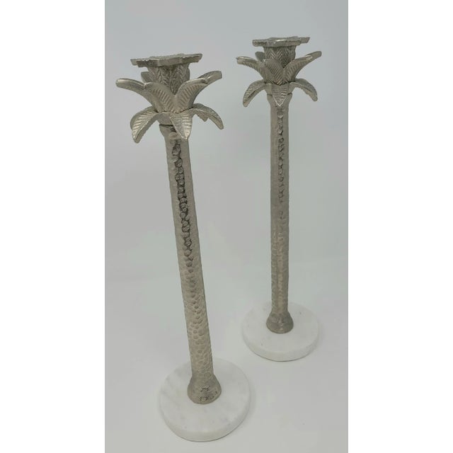 Marble and Silver Color Cast Tall Metal Palm Tree Candle Sticks a Pair For Sale In Tampa - Image 6 of 11