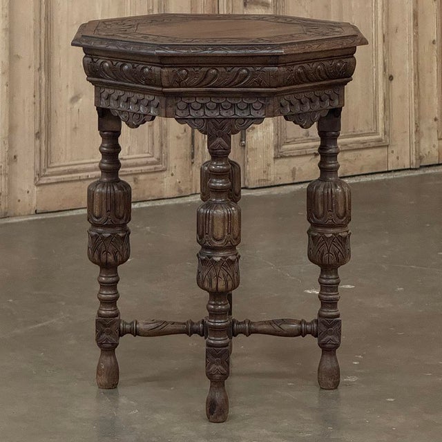 Coffee Antique Jacobean Style Octagonal End Table in Hand Waxed Oak For Sale - Image 8 of 18