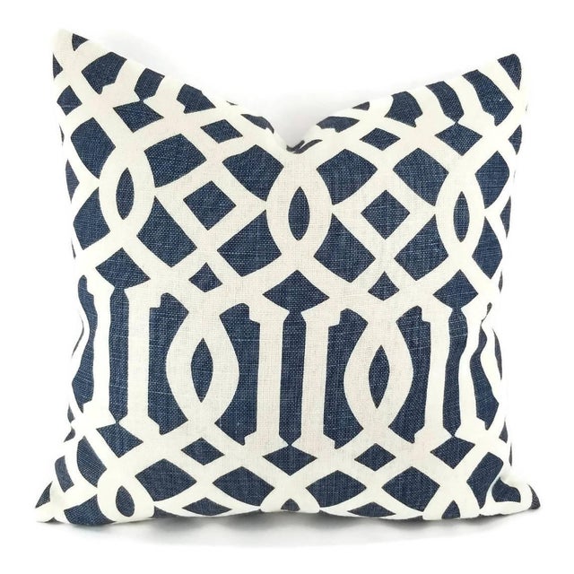 2010s Schumacher Imperial Trellis II Ivory and Navy Pillow Cover For Sale - Image 5 of 5