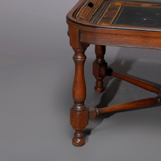 English Georgian Style Walnut Tea Table & Removable Toleware Serving Tray 20th For Sale - Image 9 of 12