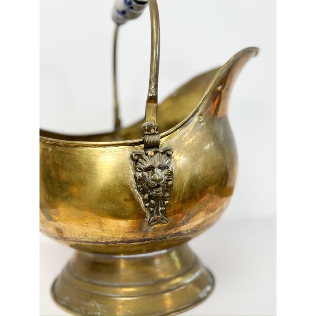 Antique Brass and Blue Porcelain Coal Scuttle Helmet Form Early 20th Century For Sale - Image 12 of 12