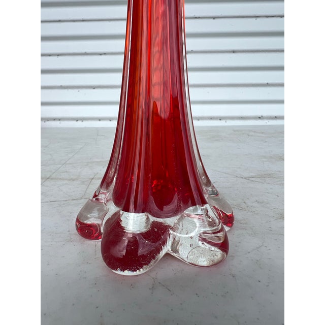 Mid Century Tall Red Glass Bud Vase With Clear Elepant Foot For Sale In West Palm - Image 6 of 8