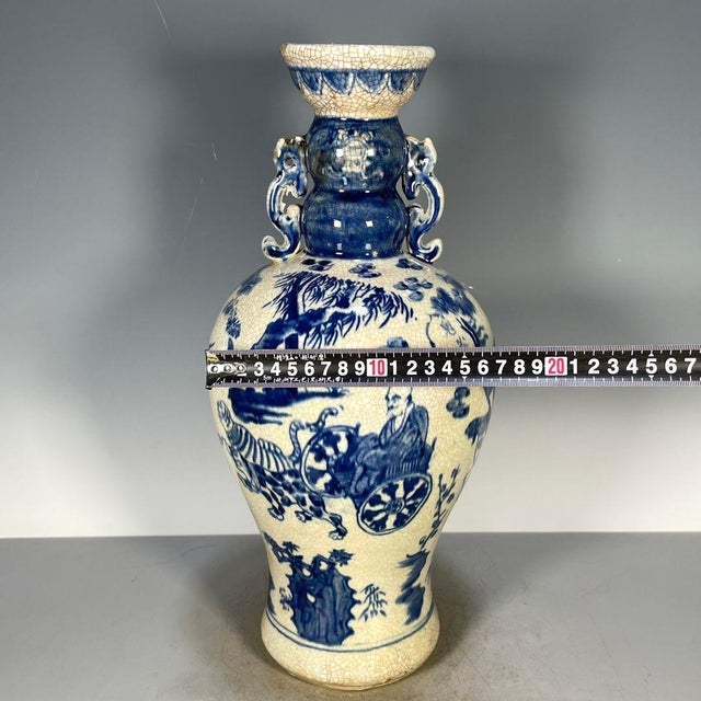 Chinese Blue & White Crackle Glaze Porcelain Vase With Figural Scene For Sale In Los Angeles - Image 6 of 9