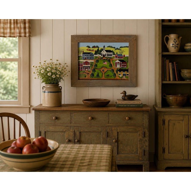 Charming and colorful original folk art painting by American artist Nancy Lucek, dated 1985. Executed in oil on canvas,...
