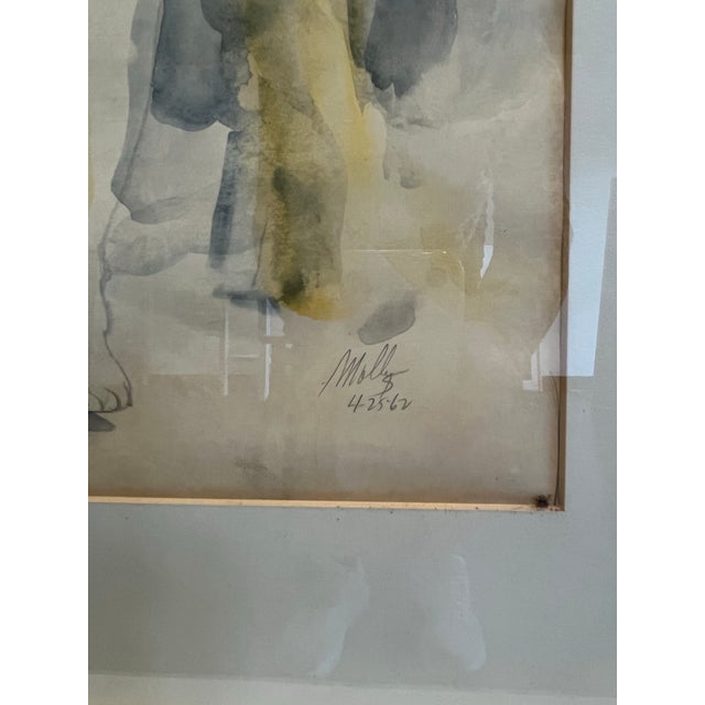 Transparent pastel colors of full figure woman, seated.