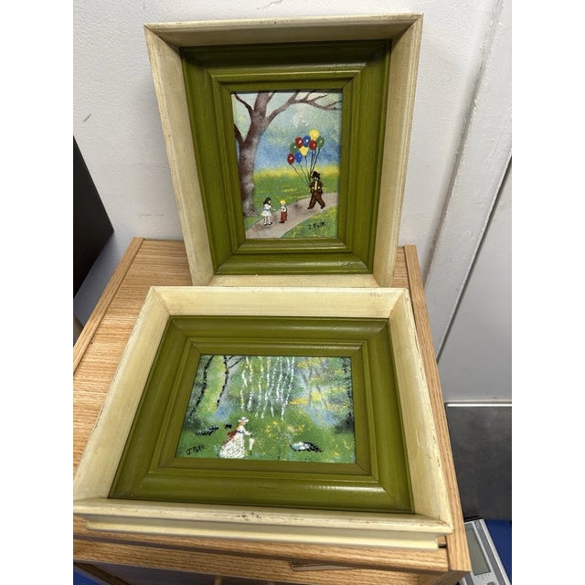 Green 1970s 2 Vintage J. Polk Enamel on Copper Framed Impressionist Paintings For Sale - Image 8 of 8