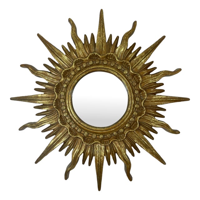 Vintage 16.5" French Style Gilded Resin Sunburst Wall Mirror For Sale