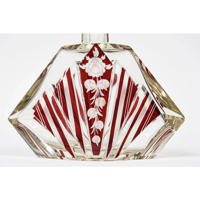 Early 20th Century Art Deco Czech Bohemian Floral Geometric Red & Clear Cut Glass Perfume Bottle For Sale - Image 9 of 11