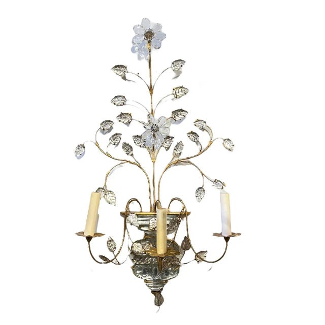Metal 1930’s French Glass Leaves and Urn Sconces With 3 Lights - Pair For Sale - Image 7 of 7