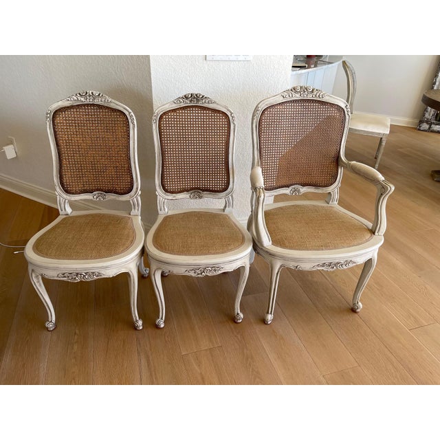 A set of 6- Six French country dining chairs with timeless elegance and exceptional presence. These chairs embody...