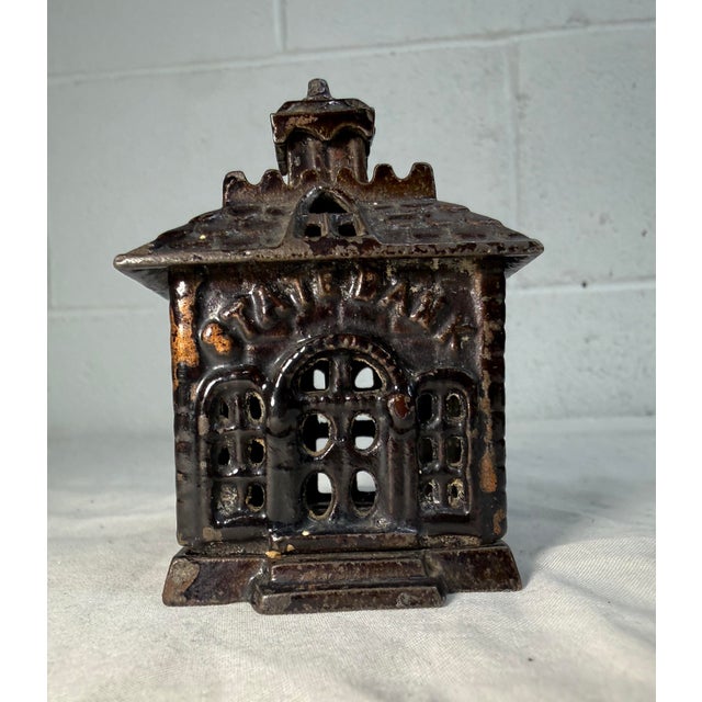 1920s Miniature Rare Antique Kenton Toys Cast Iron Building Still Coin Dime State Bank For Sale - Image 5 of 9