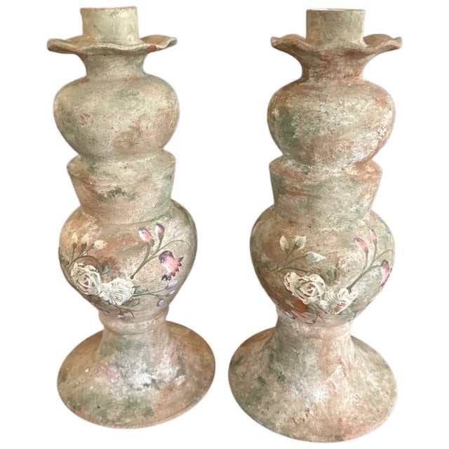 Monumental Vintage Terracotta Candlesticks Raised Rose Relief 15 Inch Pair For Sale - Image 4 of 15