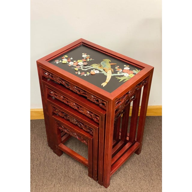 Antique Rosewood and Jade Chinoiserie Nesting Tables With Diorama Tops - Set of 4 For Sale - Image 9 of 12