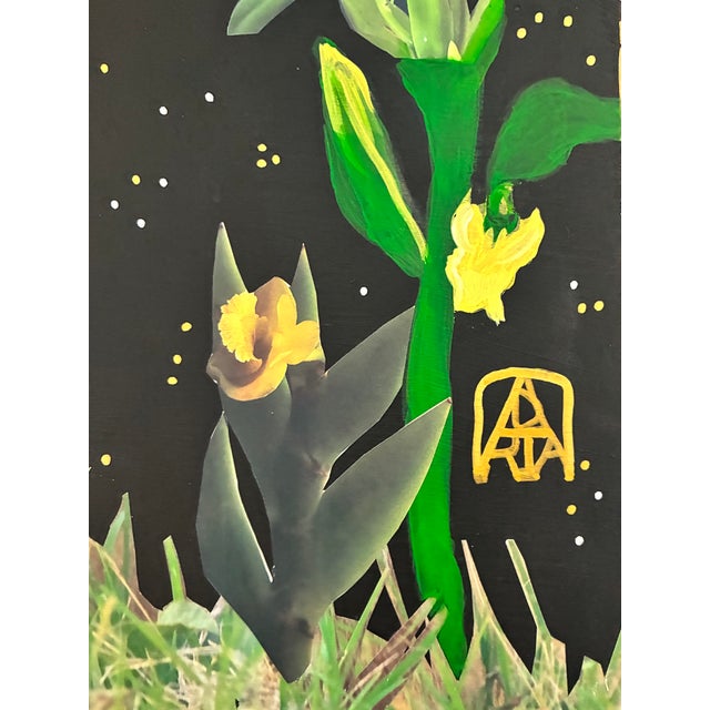 This original multi-layered collage on wood panel features a stylized male figure and his leopard friend in a jungle of...