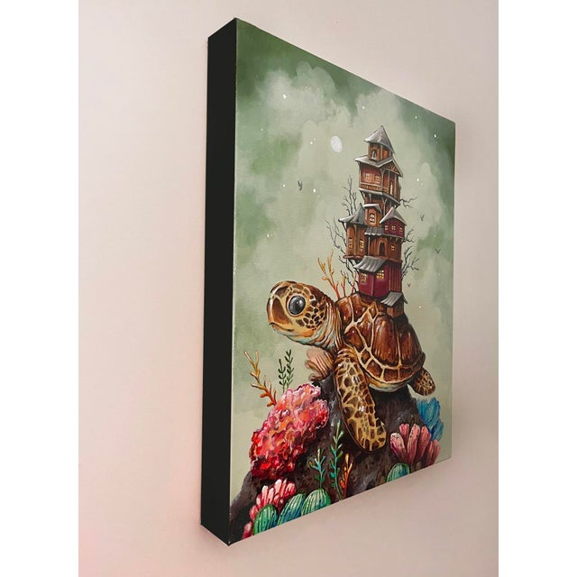This artwork presents a whimsical scene where a turtle carries a multi-storied house on its back, blending elements of...