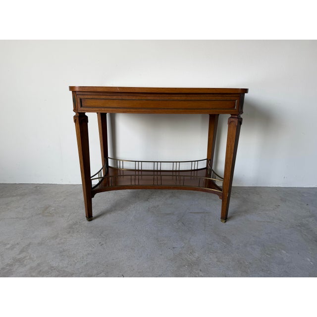Vintage French Louis XVI Style Mahogany Console Table With White Marble Top, Pull-Out Drawer & Brass Gallery Shelf For Sale - Image 9 of 12