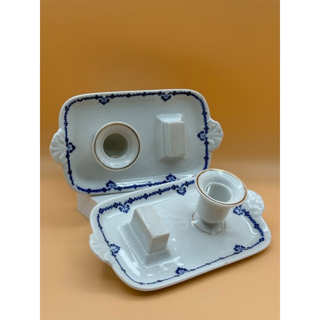 Pair of Antique German Porcelain Chambersticks With Match Holders & Strikers, Circa 1900 For Sale - Image 9 of 9