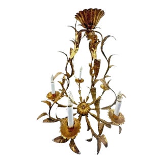 60s Gilt Maison Jansen Style Metal Leaf Chandelier 5 Light Crystal Gold Plated For Sale