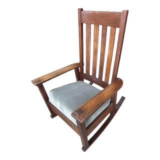 Antique Stickley Brothers Grand Rapids Mission Oak Rocking Chair With New Mohair Upholstery - Circa 1900 For Sale
