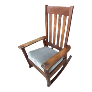 Antique Stickley Brothers Grand Rapids Mission Oak Rocking Chair With New Mohair Upholstery - Circa 1900