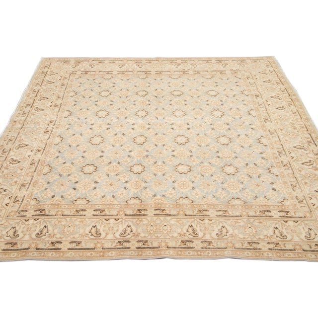 1910s Antique Persian Tabriz Handmade Floral Beige and Blue Square Wool Rug For Sale - Image 5 of 10