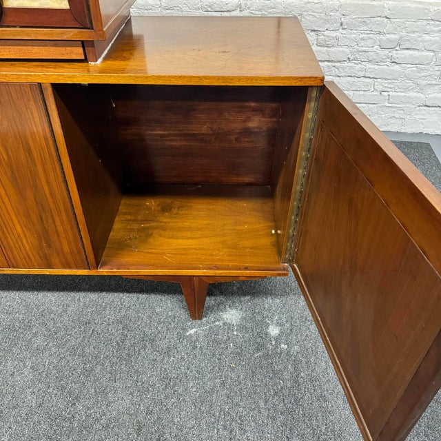 Wood MCM Walnut & Mother of Pearl Sideboard With Bar Cabinet For Sale - Image 7 of 18