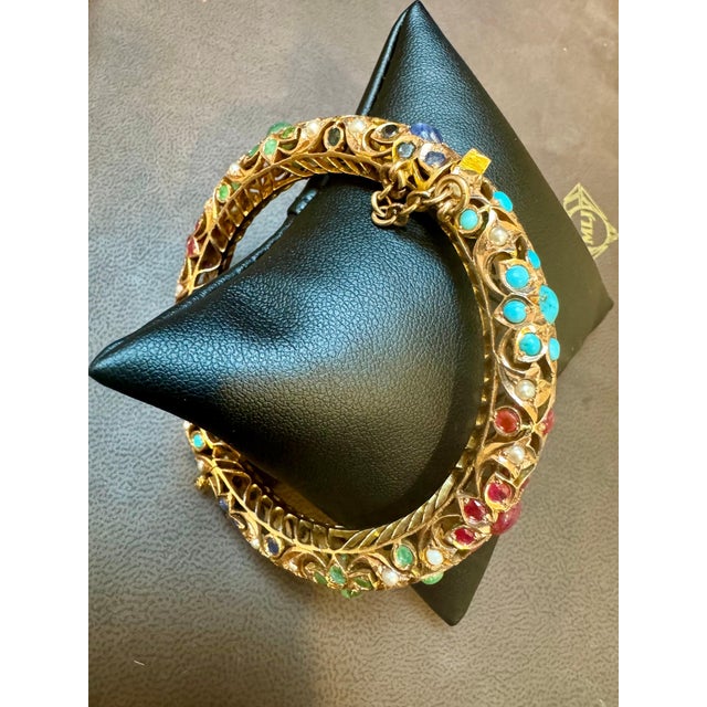 Natural Turquoise Emerald Ruby Sapphire pearl Bangle in 14 Kt Yellow Gold 41 Gm For Sale - Image 10 of 18