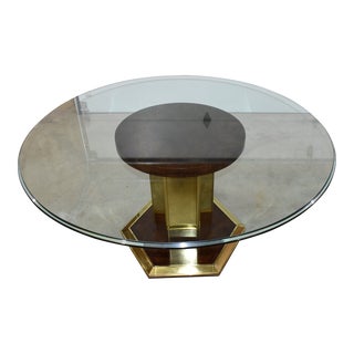 Mid Century Brass and Burlwood Henredon Dining Table With 60" Round Glass Top For Sale