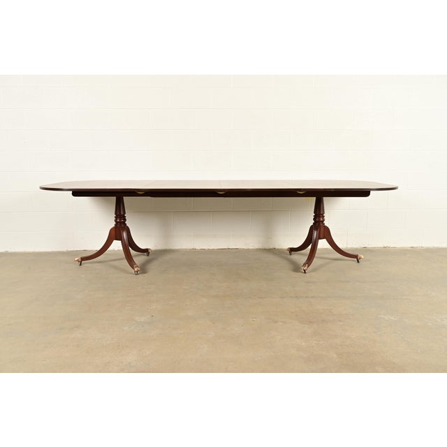 English Baker Furniture Style Georgian Banded Mahogany Double Pedestal Extension Dining Table, Newly Refinished For Sale - Image 3 of 14
