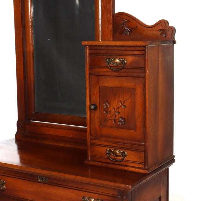 Traditional Antique Spoon Carved Oak Low Dresser With Dressing Mirror & Hat Box C1900 For Sale - Image 3 of 14