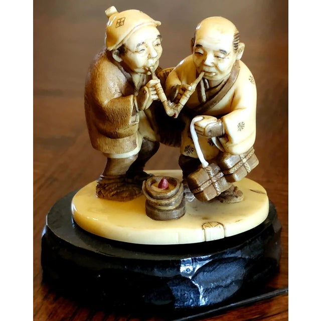 Exquisite Hand Carved Bone Netsuke Figurine w/Ebony Wood Pedestal Excellent Quality; Very Finely Hand Carved Excellent...