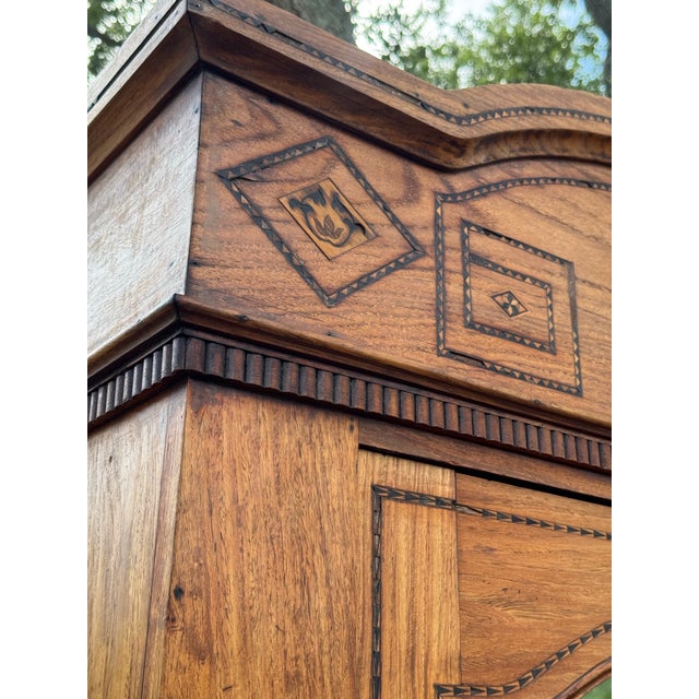 1950s Antique Tramp Art Style Solid Wood Armoire With Mirror | Hand-Carved Wardrobe Cabinet For Sale - Image 5 of 11
