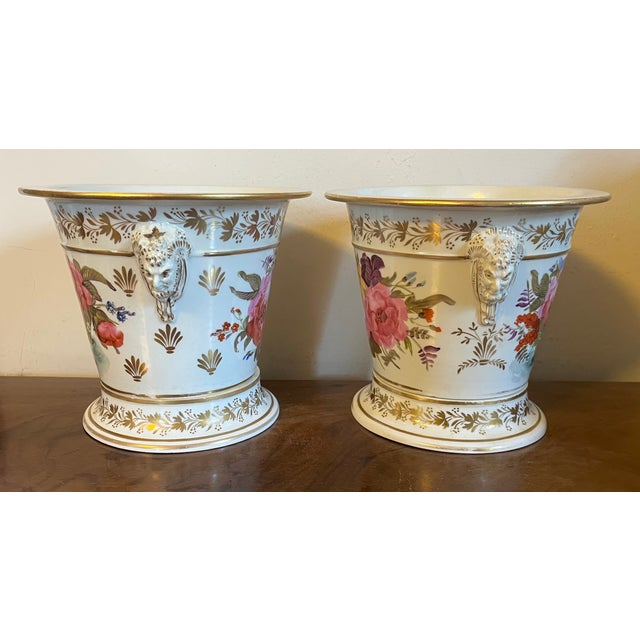 Antique Early 19th Century English Porcelain Cachepot Flower Pots With Satyr Mask Handles Circa 1820 - A Pair For Sale - Image 11 of 18