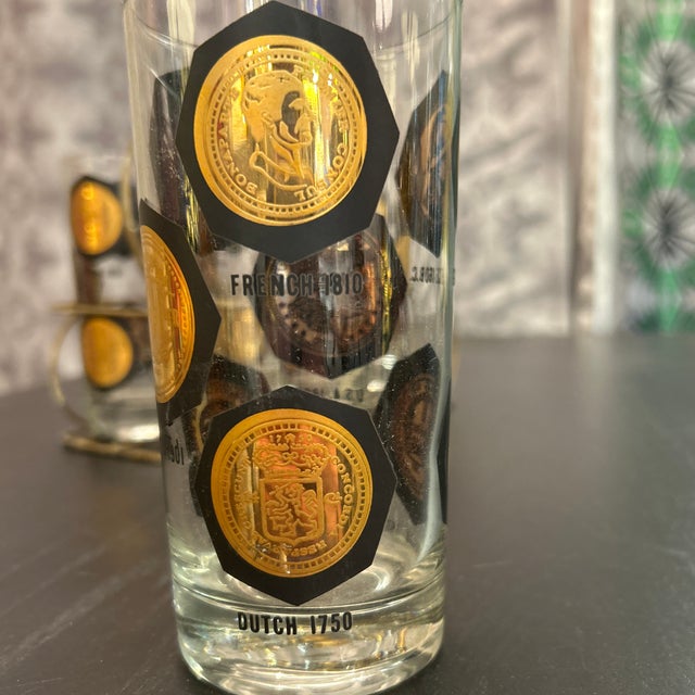 Transparent 1950s Vintage Coins Around the World Highball Glasses in Original Brass Caddy 7 Pieces Total For Sale - Image 8 of 10