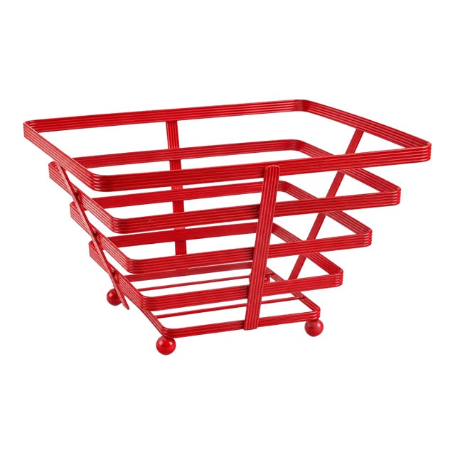 Vintage Red Atomic Wire Basket | Geometric Mid-Century Modern Storage | Taiwan For Sale